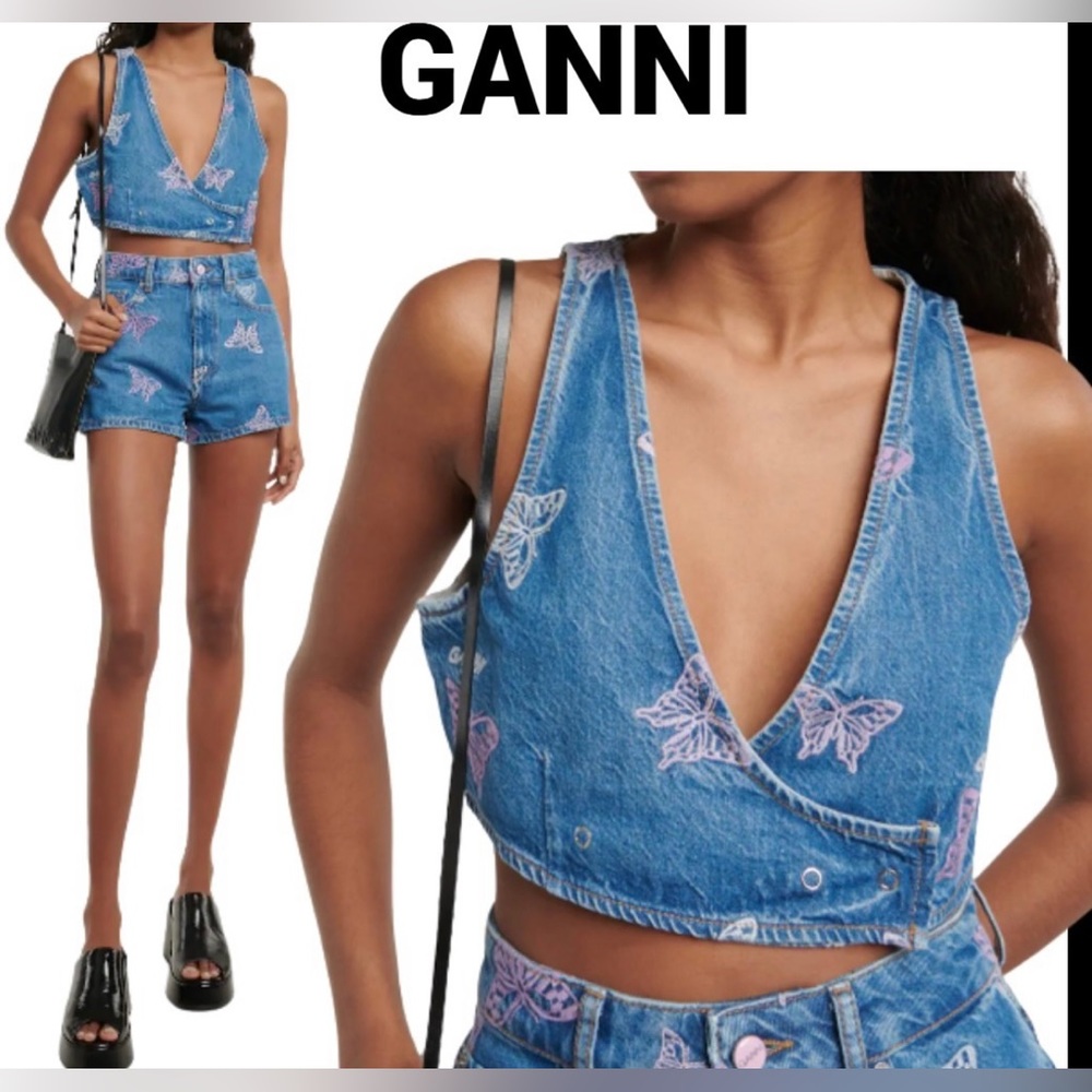 Ganni Blue and Pink Butterfly Crop Top